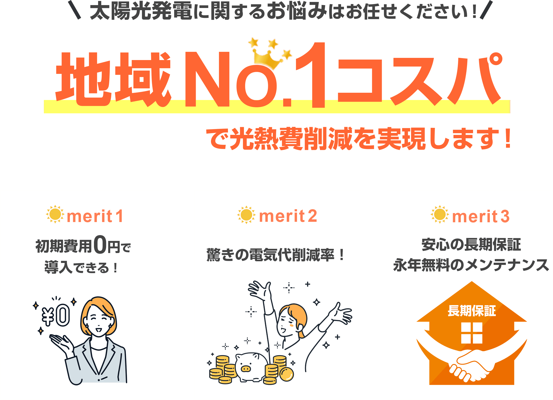 ”太陽光発電に関するお悩みはお任せくださ!地域NO,1コスパで光熱費削減を実現します!”